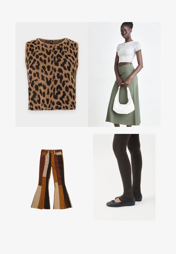 Top sin mangas marrón con un patrón de leopardo negro, textura acanalada y detalles de botones dorados en el hombro.; Camisa blanca de botones hecha de algodón suave, con un cuello clásico, mangas largas y un dobladillo curvado. Los botones son pequeños y blancos.; Pantalones acampanados de pana con un patrón a rayas en tonos marrón, beige y dorado, con bolsillos y una cinturilla de color.; Zapatos planos negros con un pequeño lazo en la punta, combinados con medias de punto en marrón oscuro. Los zapatos tienen una textura suave y un perfil bajo.; Top corto de canalé gris y falda de tiro alto verde oliva. La modelo sostiene un bolso de hombro blanco con detalles recortados. Diseño simple, silueta ajustada.