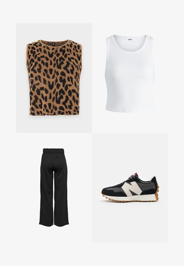 Brauner ärmelloser Oberteil mit einem schwarzen Leopardenmuster, gerippter Textur und goldenen Knopfakzenten an der Schulter.; Weißes, geripptes Tanktop mit rundem Halsausschnitt, ärmellosem Design und kurzer Länge. Das Etikett trägt die Aufschrift "JJXX". Glatte Stoffstruktur.; Schwarze, weit geschnittene Hose mit elastischem Bund, aus glattem Stoff gefertigt. Hat ein cleanes Design ohne Taschen oder sichtbare Nähte.; Schwarze und graue Wildledersneaker mit einem großen cremefarbenen "N"-Logo, lila Schnürsenkeln und einer strukturierten Gummisohle.