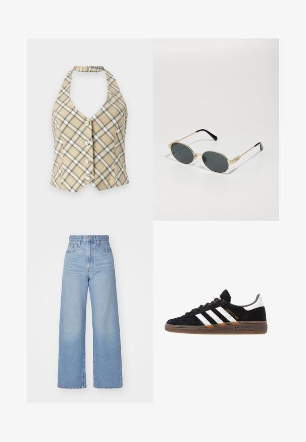 Plaid halter top in beige with black and white accents, featuring a deep V-neck and five front buttons. Fabric has a smooth texture.; Hollister Co. SLIM SHIRTING - Button-down blouse - white; Light blue high-waist wide-leg jeans with front button and zip closure, front and back pockets, on a white background.; Black Adidas sneaker with white stripes, gold "Spezial" text, gum sole, and white heel tab, shown in profile view.; Gold metal sunglasses with oval lenses and dark tinted lenses. Black acetate tips on the arms. Brand name "QUAY" on the side.