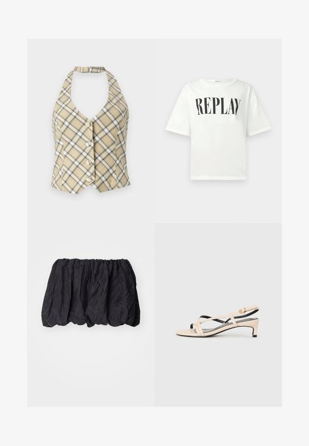 Top halter xadrez em bege com detalhes em preto e branco, apresentando um decote V profundo e cinco botões frontais. O tecido tem uma textura suave.; T-shirt branco de mangas curtas com impressão preta "REPLAY" centralizada no peito, apresentando um decote redondo e um corte descontraído.; Top de tecido enrugado preto com um cós elástico, apresentando uma superfície texturizada e um design franzido para uma forma volumosa.; Sandal de pele bege com tiras cruzadas, salto baixo e detalhes pretos. Textura suave e design minimalista.