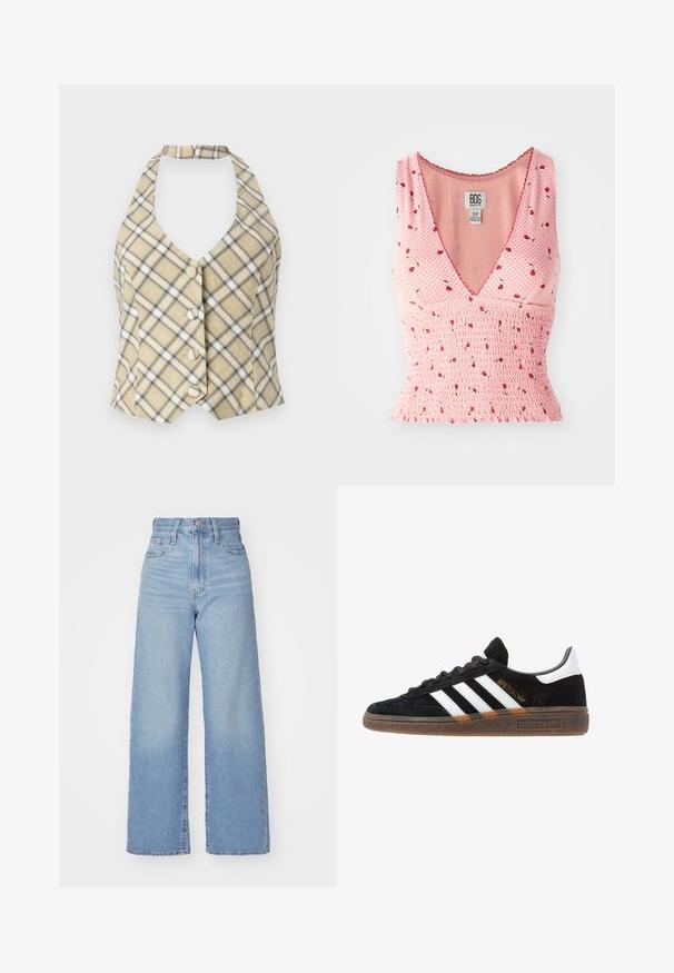 Beige ruuduline kaelus top mustade ja valgete aktsentidega, millel on sügav V-kaelus ja viis esist nuppu. Kangas on sileda tekstuuriga.; Roosa ilma varrukateta topp V-kaelusega, kus on smockimise detailid ja lillemuster. Väikesed punased lilled on hajutatud täppide taustale.; Heledad sinine kõrge vöökohaga laiad teksad, ees nupp ja tõmblukk, ees ja taga taskud, valge tausta peal.; Mustad must Adidas'i sneaker valgete triipudega, kuldse "Spezial" tekstiga, kummi tallaga ja valge kontsaga, kujutatud külgvaates.