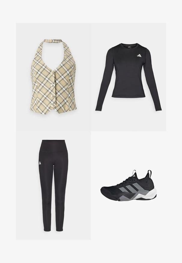 Rutete halterneck-topp i beige med svarte og hvite detaljer, med dyp V-hals og fem frontknapper. Stoffet har en glatt tekstur.; Svart langermet treningsskjorte laget av glatt, elastisk materiale. Har en hvit logo på brystet. Tettsittende design med rund hals.; Sorte høy midje leggings laget av elastisk stoff. Har en hvit logo på venstre side og et elegant, sømløst design. Glatt tekstur.; Svart idrettssko med et pustende mesh-overdel, grå aksenter, teksturert såle og tre distinkte striper på siden.