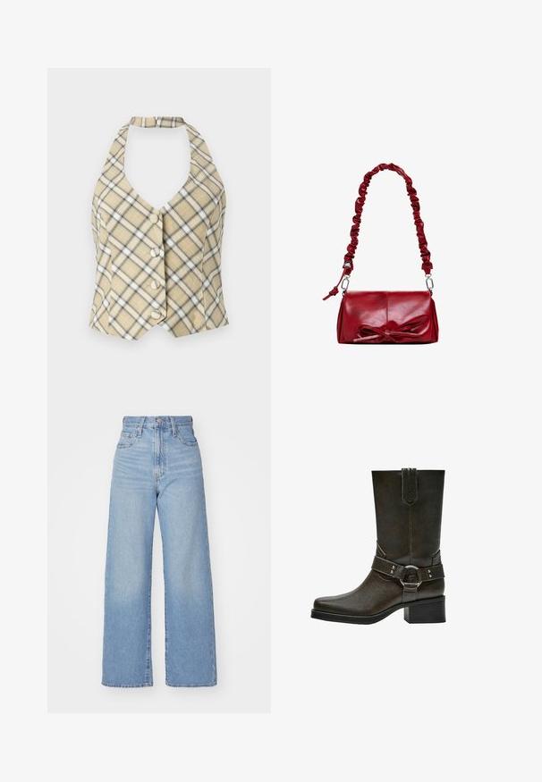 Top halter a quadri in beige con dettagli neri e bianchi, caratterizzato da una profonda scollatura a V e cinque bottoni frontali. Il tessuto ha una trama liscia.; T-shirt bianco a maniche corte realizzato in cotone. Presenta un collo tondo e una vestibilità rilassata. Texture liscia senza motivi o dettagli visibili.; Jeans a vita alta blu chiaro con gamba larga, chiusura frontale con bottone e zip, tasche anteriori e posteriori, su uno sfondo bianco.; Stivale alla caviglia in pelle marrone con punta quadrata, tacco a blocco corto e cinturino decorativo con fibbia in argento. Texture liscia, design semplice.; Borsa a tracolla in pelle rossa con una tracolla arricciata e un fiocco decorativo sul davanti. Texture liscia, forma rettangolare, dettagli in metallo argentato.; Orecchini in metallo dorato che presentano una forma curva a mezzaluna e una forma rettangolare, entrambi con superfici lisce e lucide.