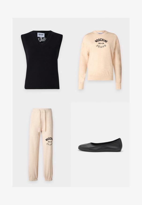 Top de malha preto sem mangas com decote em V. Apresenta uma bainha canelada e um padrão visível em torno do decote. A etiqueta diz "MOSCHINO JEANS."; Suéter bege claro feito de um malha suave, com decote redondo, mangas longas e um logótipo bordado em preto com o texto "Moschino Jeans."; Calças de fato de treino bege de corte descontraído, feitas de tecido macio, com cintura elástica ajustável com cordão e logótipo/desenho preto na perna esquerda.; Bailarina preta em pele com bico arredondado, textura suave, detalhe de costura minimalista e design de sola flexível.