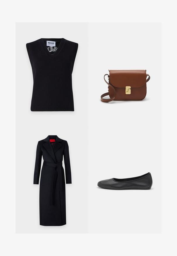 Melns bezpiedurkņu adīts tops ar V-veida kakla izgriezumu. Iezīmēts ar ribu apakšu un rakstu, kas redzams ap kakla izgriezumu. Etiķete norāda "MOSCHINO JEANS."; Balta īsām piedurknēm T-krekls, izgatavots no ribota auduma. Apaļš izgriezums, regulāra piegriezuma un diskrēti šuvumu detaļas. Bez printiem vai grafikām.; Melnas pusgarās mēteles ar garām piedurknēm, apvilktu dizainu un atbilstošu jostu. Izgatavota no gludas auduma, ar sagrieztu apkakli un sānu kabatām.; Melna ādas baleta kurpe ar noapaļotu purngalu, gludu tekstūru, minimālu šuvju detalizāciju un elastīgu zoles dizainu.; Bordo ādas rokas soma ar atloku, zeltītām detaļām, plecu siksnu un gludu virsmu. Kompakta, taisnstūrveida forma.