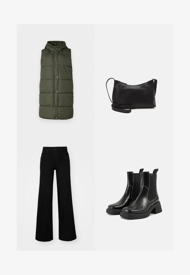 Dolg, podložen brezrokavnik v temno olivno zeleni barvi s kapuco. Ima prešito zasnovo in gumbke na sprednji strani. Mehak material za toploto.; Temno modri skrajšani pleteni pulover z rebrasto teksturo, kratkimi širokimi rokavi in okroglim izrezom. Preprost dizajn, brez vidnih vzorcev ali poudarkov.; Črne široke denim hlače s strukturiranim pasom, z zankami za pas in sprednjimi žepi. Gladka tekstura s klasičnim dizajnom.; Črne usnjene Chelsea škornje s širokim petami, elastičnimi stranskimi ploščami in kontrastnim belim šivanjem. Teksturirana površina.; Črna usnjena torba čez ramo z gladko teksturo, ukrivljeno obliko, nastavljivim trakom in zadrgo. Minimalističen dizajn brez okrasnih detajlov.