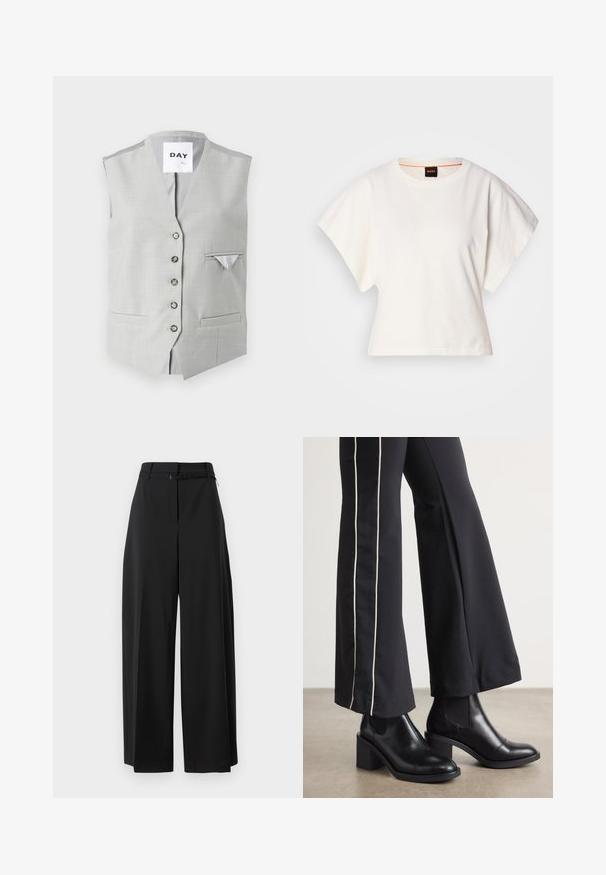 Grau ärmellose Weste aus glattem Material. Verfügt über sechs Knopfverschlüsse, zwei Fronttaschen und eine kleine Brusttasche mit kontrastierendem Futter.; Weißes, kurzes T-Shirt, kurze weite Ärmel, weicher Baumwollstoff, runder Ausschnitt mit subtilen orangefarbenen Akzenten, minimales Design, keine Muster oder Grafiken.; Schwarze weite Hose mit hohem Bund und Gurt. Sie hat eine glatte Textur und klare Linien und ist für eine lockere Passform konzipiert.; Schwarze Lederstiefeletten mit einem Blockabsatz, ausgestattet mit elastischen seitlichen Einsätzen. Kombiniert mit schwarzen Hosen, die einen weißen Seitenstreifen haben.