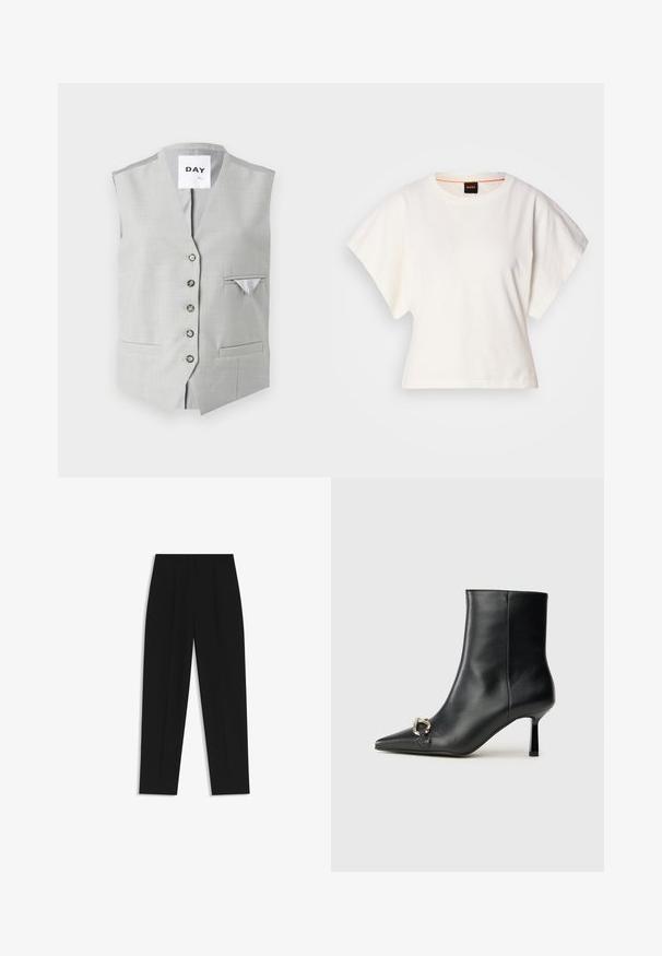 Grau ärmellose Weste aus glattem Material. Verfügt über sechs Knopfverschlüsse, zwei Fronttaschen und eine kleine Brusttasche mit kontrastierendem Futter.; Weißes, kurzes T-Shirt, kurze weite Ärmel, weicher Baumwollstoff, runder Ausschnitt mit subtilen orangefarbenen Akzenten, minimales Design, keine Muster oder Grafiken.; Schwarze Hose mit geradem Schnitt, doppelten Falten, einer glatten Textur und einem klassischen Bunddesign. Keine sichtbaren Beschläge oder Akzente.; Schwarze Leder-Stiefelette mit spitzer Zehe, schlankem, mittelhohem Absatz und silberner Schnalle seitlich vor einem schlichten Hintergrund.