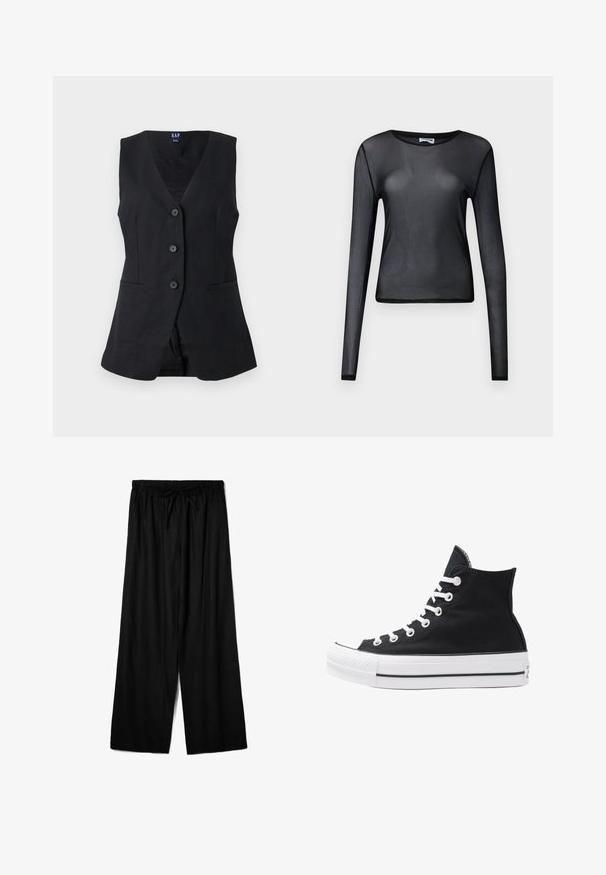 Vesta neagră cu decolteu în V, patru nasturi și două buzunare laterale. Confecționată dintr-un material neted cu un croi ajustat. Fără decorațiuni sau modele suplimentare.; Top lung cu mânecă lungă, de culoare neagră, fabricat dintr-un material transparent, având un gât rotund și o croială ajustată, cu margini fin finisate.; Pantaloni negri evazați dintr-un material ușor, cu un talie elastică și șnur pentru ajustarea dimensiunii. Textură netedă.; Tenisi negri înalți din pânză, cu ochiuri și sireturi albe, precum și talpă din cauciuc. Dispune de un capac texturat pentru degetul mare și accente în dungi alb-negru.