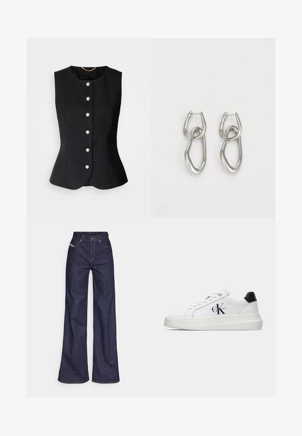 Black sleeveless vest with a round neckline, featuring six round pearl-like buttons down the front and a tailored, fitted design.; White cotton T-shirt featuring a printed illustration of two women in urban fashion styles with a dog on a crosswalk and city buildings.; Dark blue wide-leg jeans in denim fabric with a high waist, featuring orange stitching, five-pocket design, and a button closure.; White low-top sneaker with black heel tab, platform sole, laces, and Calvin Klein "CK" logo on the side.; Calvin Klein STATEMENT LINKS - Earrings - silver-coloured