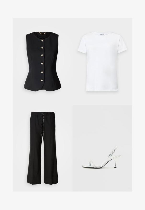 Colete preto sem mangas com decote redondo, apresentando seis botões redondos semelhantes a pérolas na parte da frente e um design ajustado e estruturado.; T-shirt branca de manga curta feita de algodão com um design de gola redonda. Textura suave e corte reto, sem padrões ou acentos.; Calças largas e pretas com cintura elástica e cordão preto. Feitas de um tecido liso, sem padrões ou acessórios visíveis.; Sandal de salto alto em verniz prata, com tira estreita na ponta do pé, fivela ajustável e um salto delgado.