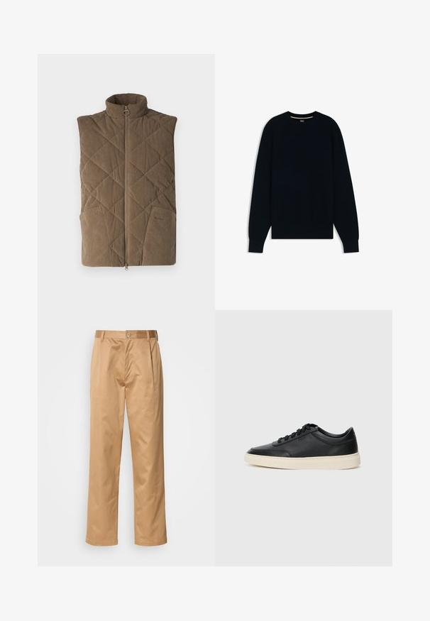 Braune Cordweste mit einem gesteppeten Muster, hohem Kragen, Reißverschluss vorne und zwei seitlichen Taschen. Schlichtes und funktionales Design.; Dunkelblauer Strickpullover mit strukturiertem Muster. Verfügt über einen runden Halsausschnitt und gerippte Bündchen sowie einen Saum für eine figurbetonte Passform.; Khaki-Hosen aus Baumwollmischung, im geraden Schnitt, mit Vorderfalten, Gürtelschlaufen und Knopfverschluss. Glatte Textur ohne Muster.; Schwarzer niedriger Ledersneaker mit schwarzen Schnürsenkeln und cremefarbenem Sohlenrand, seitlich auf weißem Hintergrund dargestellt.