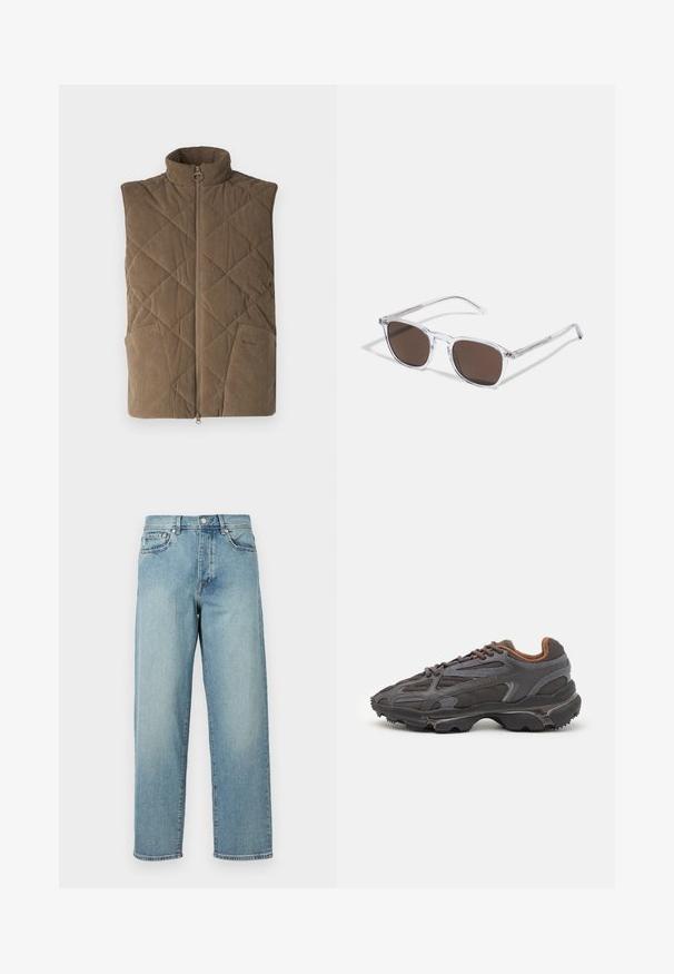 Gilet en velours côtelé marron avec un motif matelassé, col montant, fermeture éclair sur le devant et deux poches latérales. Design simple et fonctionnel.; T-shirt noir à manches longues en coton, avec un col rond et un petit logo de crocodile brodé vert sur la poitrine gauche.; Jean en denim bleu clair avec une coupe loose, jambes droites, design à cinq poches et fermeture à bouton à la taille. Détail de couture minimaliste.; Baskets Lacoste en gris foncé, en matériau mesh et synthétique, avec une semelle texturée et des accents marron sur le col et le branding.; Lunettes de soleil en plastique transparent avec des verres marron rectangulaires, dotées de branches fines et transparentes ainsi que d'accents en métal sur les tempes.