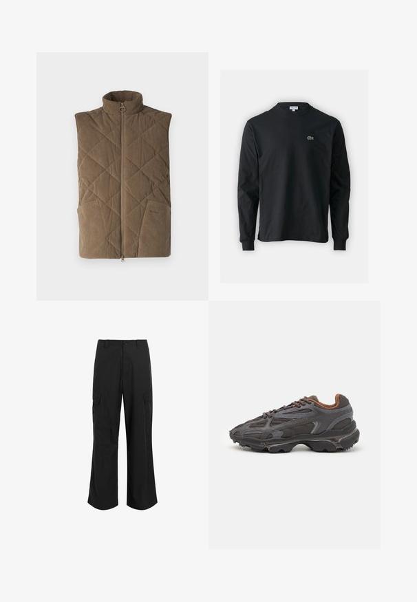 Braune Cordweste mit einem gesteppeten Muster, hohem Kragen, Reißverschluss vorne und zwei seitlichen Taschen. Schlichtes und funktionales Design.; Schwarzes Langarm-T-Shirt aus Baumwolle, mit Rundhalsausschnitt und einem kleinen grünen, gestickten Krokodil-Logo auf der linken Brust.; Schwarze Cargo-Hose aus leichtem Stoff, mit entspannter Passform, zwei großen Seitentaschen und Knopfverschluss.; Lacoste Sneaker in Dunkelgrau aus Mesh und Synthetikmaterial, mit einer strukturierten Sohle und braunen Akzenten am Kragen und Logo.