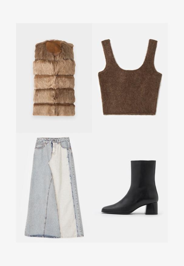 Vesta fără mâneci din blană artificială, de culoare maron deschis, cu o suprafață moale și texturată. Dispune de un decolteu rotund și un design matlasat orizontal.; Top scurt căptușit, de culoare maro, cu bretele late și decolteu rotund. Textură moale și design simplu, fără modele sau embellishments.; Fustă din denim cu un design patchwork, având secțiuni de albastru deschis și mediu, margini desfăcute și talie înaltă. Stil clasic cu cinci buzunare.; Botine negre din piele, cu vârf ascuțit și toc pătrat masiv. Textură netedă, cu un design fără cusături și cusături minimaliste.