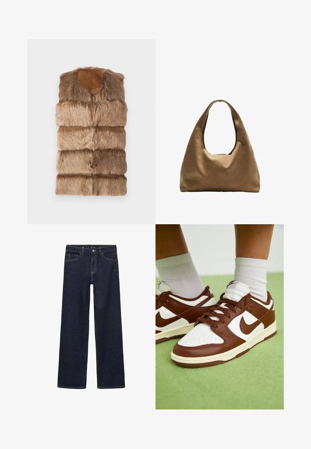 Faux fur sleeveless vest in light brown with a soft, textured surface. Features a round neckline and horizontal quilted design.; White cotton tank top with a scooped neckline, no sleeves, and a fitted shape. Smooth texture, plain design, and minimal stitching details.; Dark wash denim jeans with a relaxed fit. Features a high waist, five pockets, and contrasting stitching. Straight leg design, no embellishments.; Brown and white leather sneakers with perforated toe, textured accents, and flat laces. Model features a low-top design and rubber sole.; Brown fabric shoulder bag with a wide, rounded body and a large cutout handle. Soft texture, minimalistic design, and no visible hardware.