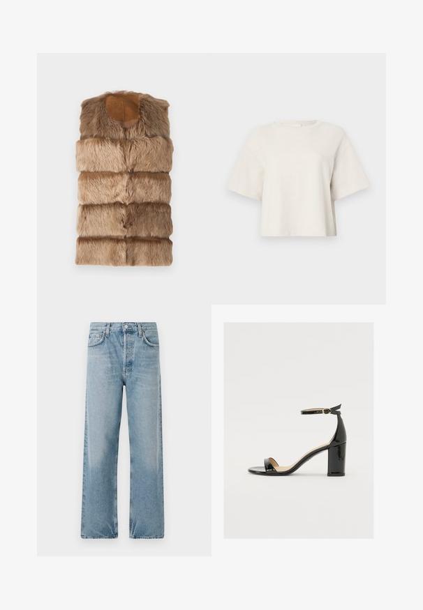 Faux fur sleeveless vest in light brown with a soft, textured surface. Features a round neckline and horizontal quilted design.; Cream-colored cropped t-shirt made from ribbed fabric, featuring a round neckline and short sleeves with a relaxed fit.; Light blue denim jeans with a high waist, wide-leg cut, and five-pocket design. Features a button fly and subtle fading.; Black patent leather sandal with a wide heel, open toe, and ankle strap featuring a gold buckle. Smooth texture and sleek design.