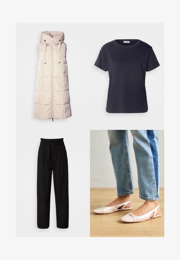 Mos Mosh SQUARE WAISTCOAT - Väst - feather gray; Marinblå bomullströja med rund halsringning, korta ärmar och en avslappnad passform. Slät textur och minimalistisk design, inga synliga mönster.; Svarta högmidjade byxor med vida ben, med framveck och ett tygbälte med en rund spänne. Slät textur och skräddarsydd design.; Ljust rosa slingback-lägenheter med spetsig tå, tillverkade av ett slätt läderliknande material. Har utskurna detaljer på sidorna och en platt häl.