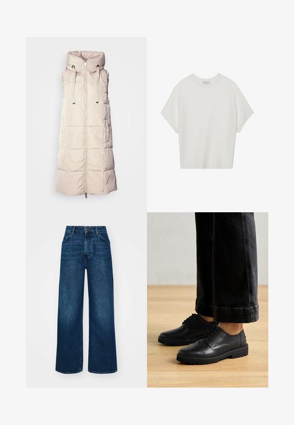 Mos Mosh SQUARE WAISTCOAT - Liemenė - feather gray; Balta trumpa rankovėmis marškinėliai su plačiu apykakle ir tekstūruotu gumbelių raštu, pagaminti iš minkštos medžiagos, pasižymintys laisvu siluetu ir tvarkingu dizainu.; Aukšto liemens, platėjantys džinsai tamsiai mėlynos džinsinės medžiagos su lygia tekstūra, kontrastingomis siūlėmis ir penkių kišenių dizainu. Priekinis mygtukų užsegimas.; Juodos odinės bateliai su šnūriais, lygiu paviršiumi, suapvalintu priekiniu galu ir storu guminiais padu, derinami su trumpais tamsiais džinsais.