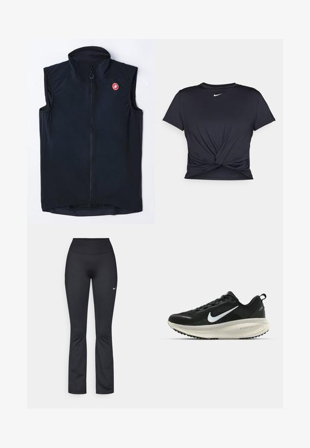 Must mustata vest, millel on kõrge krae, lukuga eesosa ja väike punane logo. Valmistatud sileda, kerge materjali põhjal, millel on kehakujuline disain.; Mustmust musta sportlik T-särk, mis on valmistatud sujuvast kangast, millel on sõlmega esikülg ja väike valge Nike logo rinnal.; Mustad spordipüksid kõrge vöökohaga, valmistatud siledast ja venivast kangast. Vasakul reiel on väike valge Nike logo.; Musthave mustus Nike jooksujalats, millel on hingav võrgust ülemine osa, valge swoosh logo, tekstuuriga detailid ja kreemja värvusega ZoomX vahevöö.