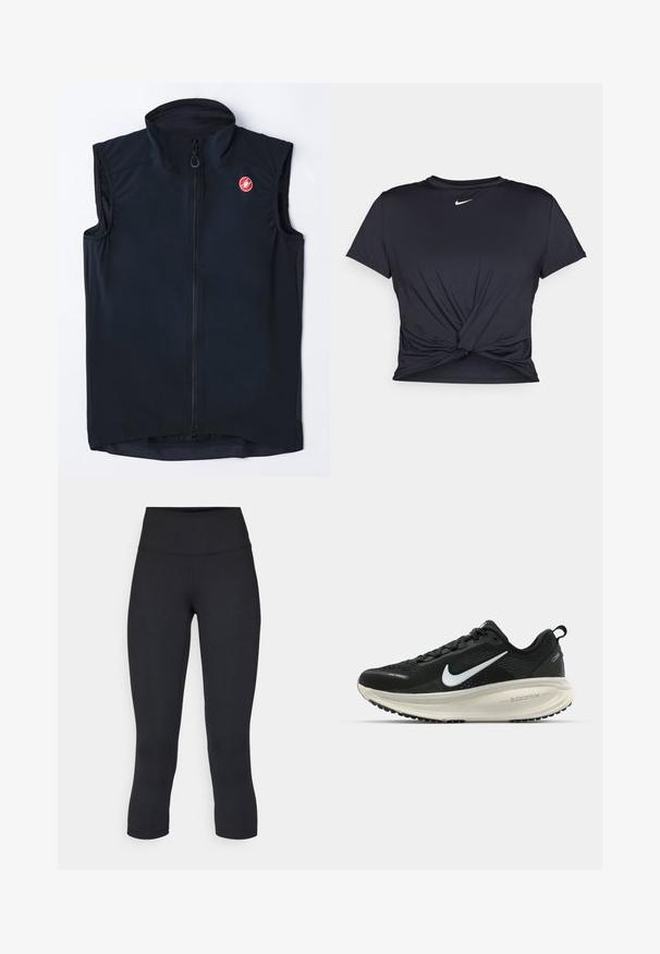 Colete preto sem mangas com um colar alto, fecho zip e um pequeno logótipo vermelho. Feito de um tecido liso e leve com um design ajustado.; T-shirt atlético preto feito de tecido liso, apresentando um design frontal com nó e um pequeno logótipo branco da Nike no peito.; Leggings pretos cropped feitos de tecido elástico, apresentando uma cintura alta e uma textura suave, sem padrões ou acessórios visíveis.; Sapatilha de corrida Nike preta com parte superior de malha respirável, logotipo Swoosh branco, detalhes texturizados e uma entressola ZoomX na cor creme.