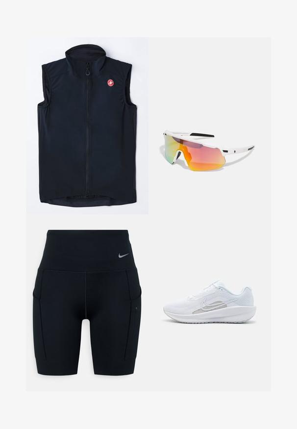 Gilet sans manches noir avec un col montant, fermeture éclair à l'avant et un petit logo rouge. Fabriqué en tissu lisse et léger avec une coupe ajustée.; Débardeur blanc sans manches en tissu léger, avec des accents du logo Nike noir sur les épaules, un col rond et une coupe décontractée.; Shorts de sport noirs taille haute en matériau extensible ; dotés de poches latérales et d'un petit logo Nike sur la ceinture.; Baskets blanches avec une tige en mesh, bout rond et semelle texturée. Présentent un swoosh Nike argenté et un design minimaliste.; Sweet Protection SHINOBI UNISEX - Lunettes de soleil - rig topaz/satin white