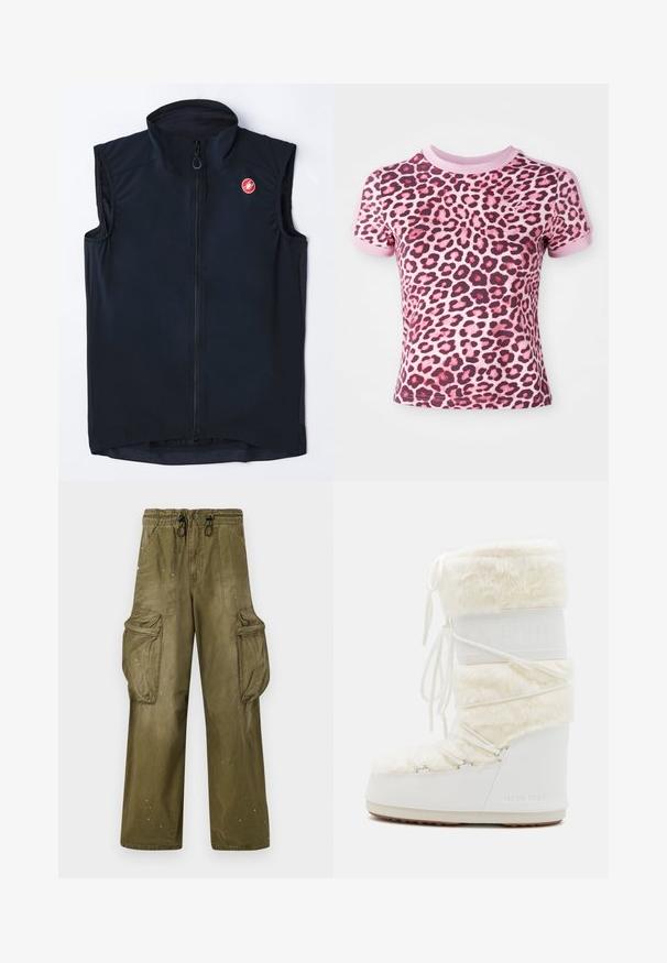 Juoda liemenė be rankovių su aukštu apykakle, užtrauktuku priekyje ir mažuoju raudonu logotipu. Pagaminta iš lygaus, lengvo audinio su prigludusia išvaizda.; Rožinė leopardų spuogų raštą turinti marškinėliai su trumpomis rankovėmis, turi apvalų iškirpimą ir kontrastinius rožinius rankogalius, pagaminti iš minkštos, tamprios medžiagos.; Aliejinės žalios spalvos krovinių kelnės su laisvu siluetu, elastingu juosmeniu, raišteliu, dviem šoninėmis kišenėmis ir dviem didelėmis krovinių kišenėmis. Lengvas traktavimas.; Baltasis mėnesio batu, su dirbtine kašmyro viršutine dalimi, raištelių uždarymu priekyje ir guminėmis padangomis. Tekstūruotas paviršius ir iškilmingas logotipas šone. Masikinis, paminkštintas dizainas.