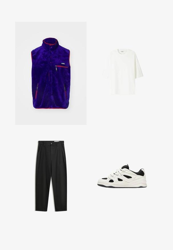 Fialová fleecová vesta s vysokým límcem, červenými akcenty a dvěma kapsami na zip. Má strukturovaný vzor a logo na hrudi.; Bílá tričko s krátkým rukávem vyrobené z bavlny, se skládaným výstřihem a uvolněným střihem s rovním lemem.; Černé bavlněné kalhoty s uvolněným střihem, klasickým pasem, předními záhyby a bočními kapsami. Hladká textura bez vzorů.; Bílé a černé sportovní boty s texturovanou podrážkou, s výřezovými vzory na bocích a tkaničkami, a měkkým zadním dílem pro podporu.