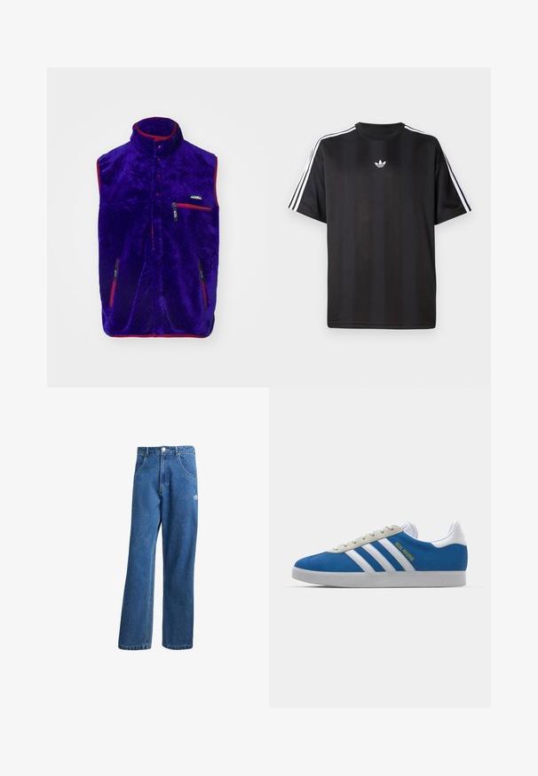 Lilla fleece vest med høy krage, røde detaljer og to glidelåslommer. Har et teksturert mønster og en logo på brystet.; Svart t-skjorte med kort erm og hvite tre-stripes detaljer på skuldrene og en liten hvit logo på brystet. Mjuk stofftekstur.; Blå høyhalsede vide denimjeans med frontlommer, belteholdere, knappelukking og liten Adidas-logo på høyre lår.; adidas Originals ADIDAS GAZELLE SHOES - Innendørsfotballsko - real madrid/bluebird/footwear white/crew yellow