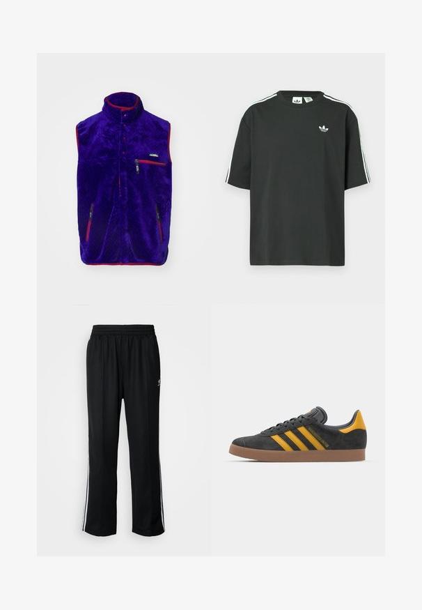 Viskoza purppurakuosisilla ja korkealla kauluksella, punaisilla yksityiskohdilla ja kahdella vetoketjullisella taskulla. Ominaisuuksiin kuuluu teksturoitu kuvio ja logo rinnassa.; Musta puuvillainen t-paita, jossa on lyhyet hihat, pyöreä pääntie ja valkoiset kolmen raidan yksityiskohdat olkapäillä. Rinnan kohdalla on pieni valkoinen logo.; Mustat urheiluhousut, joissa on joustava vyötärö, valkoiset sivuraidat ja pieni logo. Materiaali näyttää pehmeältä ja kevyeltä.; Mustat samettiset tennarit, joissa on keltaisia yksityiskohtia, kolmonen raita ja ruskea kumipohja. Sisältää pehmustetun kielisen mukavuutta varten.