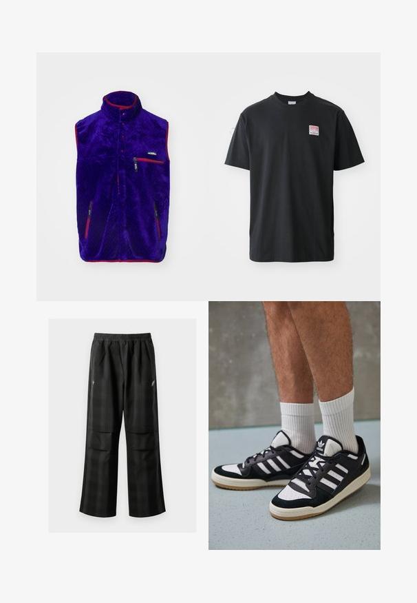 Lila Fleece-Weste mit hohem Kragen, roten Akzenten und zwei Reißverschlusstaschen. Besitzt ein strukturiertes Muster und ein Logo auf der Brust.; Schwarzes Baumwoll-T-Shirt mit Rundhalsausschnitt, kurzen Ärmeln und einem kleinen farbigen Etikett auf der linken Brust, das das Wort "SUPERIOR" zeigt.; Schwarze karierte Hosen mit elastischem Bund, zwei Fronttaschen und lockerer Passform im geraden Beinschnitt. Hergestellt aus leichtem Material.; Schwarz-weiße Sneaker mit einem Obermaterial aus Wildleder und Leder, ausgestattet mit drei weißen Streifen, einer perforierten Zehenpartie und einer Sohle aus Gummi.