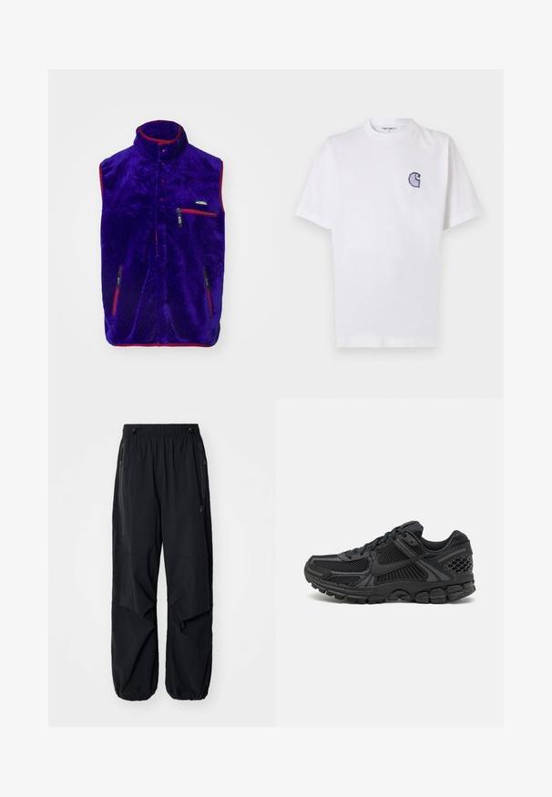 Vijolična fleece brezrokavnik z visokim ovratnikom, rdečimi detajli in dvema zadrgo zaprtima žepoma. Ima teksturiran vzorec in logotip na prsih.; Bela bombažna majica s kratkimi rokavi, okrolim izrezom in majhnim, vezenim modrim logotipom "C" na levi strani prsnega koša.; Črne lahke cargo hlače z elastičnim pasom, stranskimi zadrgami in prostornimi žepi. Imajo ohlapno prileganje in zožene manšete.; Črne športne čevlje z mrežasto zgornjico, gumijastim podplatom in teksturiranimi detajli. Oblikovanje vključuje izstopajoč sistem vezalk in oblazinjen podplat.