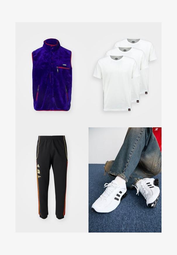 Lila Fleece-Weste mit hohem Kragen, roten Akzenten und zwei Reißverschlusstaschen. Besitzt ein strukturiertes Muster und ein Logo auf der Brust.; Drei schlichte weiße Baumwoll-T-Shirts mit kurzen Ärmeln. Jedes Shirt hat einen runden Ausschnitt und ein kleines schwarzes Logotipo auf der linken Seite.; Schwarze Sporthosen mit elastischem Bund, goldenen und roten Seitenstreifen sowie gelben Logos am linken Oberschenkel.; Weiße Mesh-Sportschuhe mit schwarzen Akzenten, die ein strukturiertes Design und eine markante Sohle aufweisen, kombiniert mit blauen Jeans.