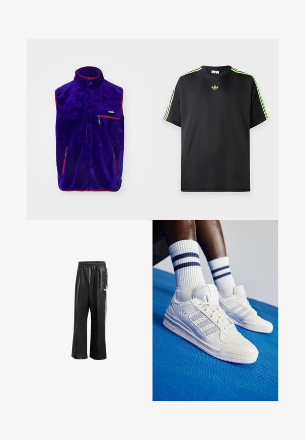 Ljubičasti flis prsluk s visokim ovratnikom, crvenim detaljima i dvije džepove sa zatvaračem. Ima teksturirani uzorak i logo na prsima.; Crna majica kratkih rukava od glatkog materijala s okruglim izrezom, sa tri zelene pruge na ramenima i malim zelenim logotipom na prsima.; Crne sintetičke trenirke s elastičnom waistbandom, sa bijelim bočnim prugama i malim bijelim logoom na lijevom kuku.; Bijele kožne tenisice s perforiranim detaljima, tri metalna pruga i teksturirani bočni panel. Nosi se s bijelim čarapama sa plavim prugama.