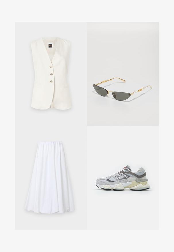 Ärmelloses weißes Oberteil mit tiefem V-Ausschnitt, drei vorderen Knöpfen und zwei Seitentaschen. Hergestellt aus glattem Stoff mit einer strukturierten Passform.; Grauer Sweatshirt mit "PARIS" in fettem, hellblauem Schriftzug auf der Vorderseite. Verfügt über einen runden Halsausschnitt sowie gerippte Bündchen und Saum.; Weiße knöchellange Rock mit einem elastischen Bund, gefertigt aus leichtem Stoff mit glatter Textur und fließender Silhouette.; Graue Wildleder- und Mesh-Sneaker mit einer dicken weißen und beigen Sohle, ausgestattet mit einem auffälligen weißen Logo und roten Akzentdetails.; Sonnenbrille mit goldenem Rahmen und dunkelgrauen Gläsern. Einzigartige Katzenaugenform. Die Bügel sind mit abwechselnden goldenen Perlen und Perlenakzenten verziert.