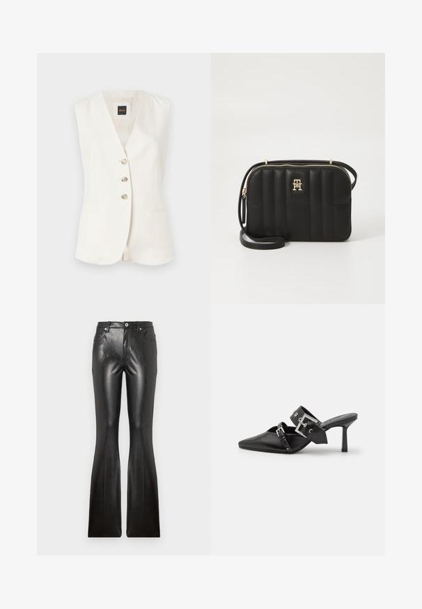 Chaleco blanco sin mangas con un escote en V profundo, tres botones en la parte delantera y dos bolsillos laterales. Fabricado con un tejido suave y un corte estructurado.; Camiseta de algodón blanca con mangas cortas, escote redondo y un parche rectangular azul con el logo "HUGO" en el centro delantero.; Pantalones de cuero negro acampanados con una textura suave, cinco bolsillos, cierre de botón en la parte frontal y una silueta ajustada a lo largo de los muslos.; Mules de tacón alto negros con puntera afilada, elaborados en cuero suave. Cuentan con una amplia correa para el tobillo con una hebilla cuadrada de plata y tachuelas.; Bolso bandolera negro acolchado hecho de material sintético con herrajes de tono dorado, que presenta un cierre de cremallera y detalle de logo en el frente.