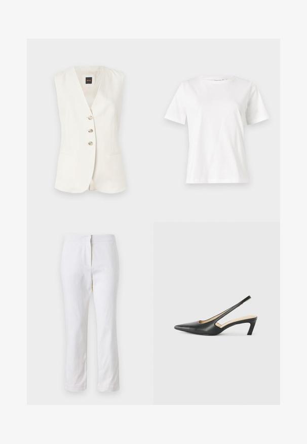Bezrukávový biely top s hlbokým V-výstrihom, tromi prednými gombíkmi a dvoma bočnými vreckami. Vyrobený z hladkej látky s štruktúrovaným strihom.; Biela bavlnená tričko s krátkymi rukávmi, okrúhlym výstrihom a voľným strihom. Hladká textúra, bez vzorov alebo akcentov, minimalistický dizajn.; Biele bavlnené nohavice so striedmym strihom, s pásom strednej výšky a bez viditeľných kovových prvkov alebo vzorov. Hladká textúra po celom obvode.; Čierne slingback topánky s ostrou špičkou a nízkym opätkom, vyrobené z hladkej kože a s výrezmi na boku pre lepšiu priedušnosť.