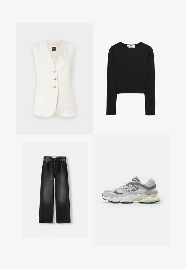 Ärmlös vit väst med djup V-ringning, tre framtida knappar och två sidofickor. Tillverkad av slätt tyg med en strukturerad passform.; Svart långärmad croptop i lättviktsmaterial, med rund halsringning och figurnära siluett, med rena sömmar och utan dekorationer.; Bershka Flared jeans - black; Grå mocka- och meshsneaker med en tjock vit och beige sula, med en framträdande vit logotyp och röda detaljer.