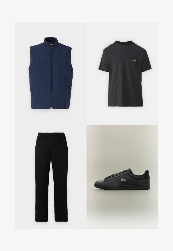 Colete acolchoado azul-marinho com colarinho alto e fecho de correr na frente. Apresenta painéis estruturados e uma textura suave. Etiqueta da marca visível dentro do colarinho.; Camiseta de algodão preta com mangas curtas, decote redondo e um pequeno logo verde no bolso do peito esquerdo. Design simples, corte regular.; Calças pretas feitas de um tecido de algodão misto, com corte reto, cintura elástica com botão e sem padrões ou detalhes visíveis.; Sapatilha de couro preta de cano baixo com atacadores pretos, apresentando um logótipo de crocodilo verde na lateral, colocada sobre um fundo neutro simples.