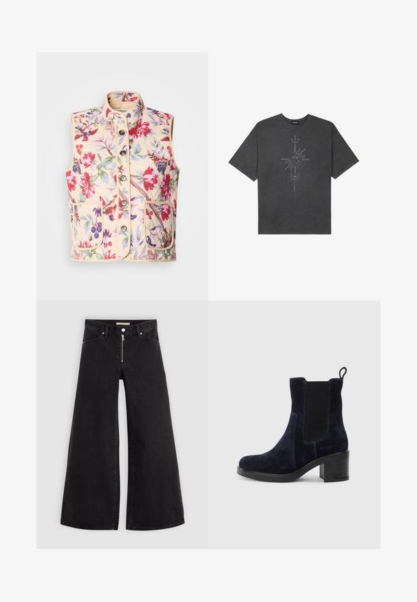 Blomstermønstrede vester i krem, med høy hals, syv knapper og to frontlommer, med en quiltet tekstur og kontrasterende kanter.; Mørkegrå oversized t-skjorte laget av bomull, med et sentralt solmotiv med intrikate linjedetaljer trykket på forsiden.; Vide benbukser i sort denim med glidelås i front, fem-lomme design og subtile sømdetaljer. Glatt tekstur og avslappet stil.; Mørkeblå skinn ankelsko med elastisk sidepanel, avrundet tå og blokkhelt. Tekstilt stoff og glatt såle gir kontrast.