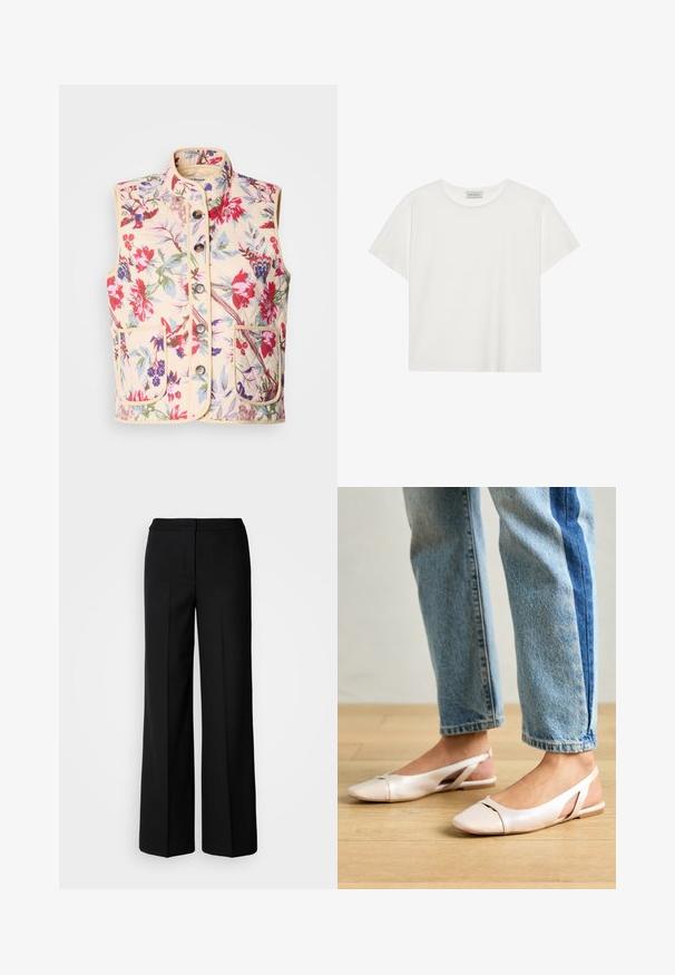 Blomstermønstrede vester i krem, med høy hals, syv knapper og to frontlommer, med en quiltet tekstur og kontrasterende kanter.; Hvit T-skjorte med kort erm laget av myk bomull. Har rund hals og avslappet passform. Rent design uten synlige mønstre eller aksenter.; Svarte vide bukser med et glatt stoff, med høy livvidde, skreddersydde sømmer og et minimalistisk design. Ingen synlig maskinvare eller lommer.; Lys rosa slingback leiligheter med spiss tå, laget av et glatt, læraktig materiale. Har utskjæringer på sidene og lav hæl.