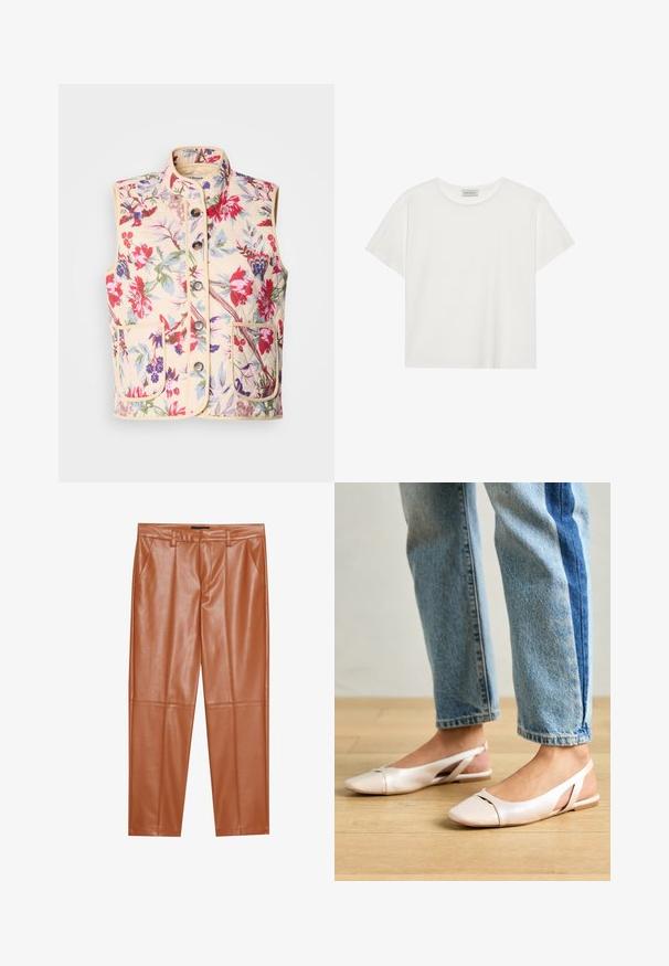 Krém színű, virágmintás mellény, magas nyakkivágással, hét gombbal és két elülső zsebbel, steppelt textúrával és kontrasztos díszítésekkel.; Fehér, rövid ujjú póló, puha pamutból készült. Kerek nyakkivágással és laza szabással rendelkezik. Tiszta dizájn, látható minták vagy díszítések nélkül.; Barna műbőr nadrág, testhez simuló fazonnal, elöl pliszírozott részletekkel és egyenes szárakkal. Sima textúra, látható fém részletek vagy díszítések nélkül.; Világos rózsaszín slingback laposlábú cipők, hegyes orral, sima bőrhatású anyagból készült. Oldalt kivágott részletek találhatók rajta, valamint lapos sarkú.