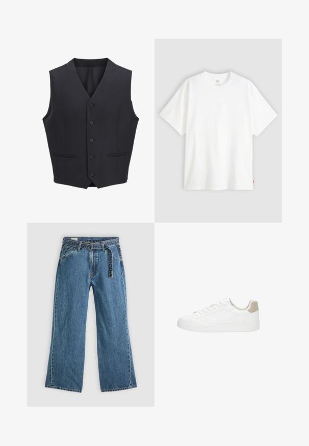 Granatowa kamizelka wykonana z tkaniny w tkane wzory, z dekoltem w kształcie litery V, sześcioma guzikami z przodu, dwoma wąskimi kieszeniami i gładką powierzchnią.; Biała koszulka z krótkim rękawem wykonana z bawełny, z okrągłym dekoltem. Posiada subtelny wytłoczony logo z przodu oraz czerwoną metkę na dolnym brzegu.; Niebieskie dżinsowe spodnie szerokie z dołączonym paskiem, kieszeniami z przodu i widocznym przeszyciem na jednolitym jasnym tle.; Białe sneakersy z gładką skórzaną cholewką i okrągłym noskiem. Posiadają beżowy zamszowy element na pięcie, płaskie sznurówki oraz białą gumową podeszwę.