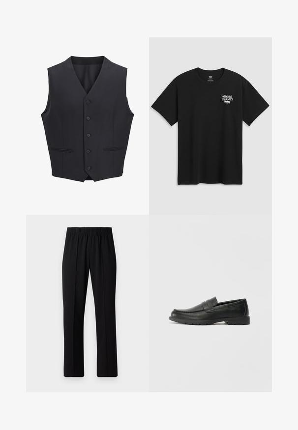 Sötétkék melldszíj, szőtt anyagból készült, V-kivágással, hat elülső gombbal, két keskeny zsebbel és sima textúrával rendelkezik.; Fekete pamut póló, melynek mellkasi nyomata "HOUSE PLANTS" felirattal fehér stilizált betűkkel, alatta a "Levi's" felirattal. Klasszikus kerek nyakú.; Fekete, gumíros derekú nadrág egyenes szabással, sima felülettel, látható minták vagy fémrészek nélkül.; Fekete bőr mokaszinok sima felülettel, a mokaszin stílusú felsőrésszel, varrott részletezéssel és gumitalppal. Klasszikus dizájn alacsony sarokkal.