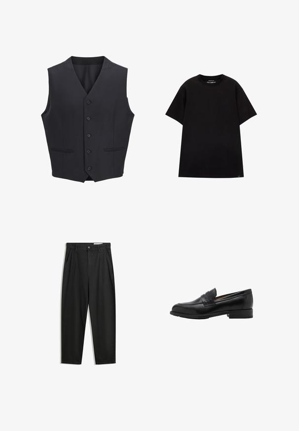 Mornarsko plava prsluk izrađen od tkanog materijala, s V-izrezom, šest prednjih dugmadi, dva uska džepa i glatkom teksturom.; PULL&BEAR JOIN LIFE - Osnovna majica kratkih rukava - black; Crne pamučne hlače s opuštenim krojem, s klasičnim pojasom, prednjim nabranjima i bočnim džepovima. Glatka tekstura bez uzoraka.; Crne kožne loafers c revama sprijeda i ravnim potplatom. Glatka tekstura s okruglim vrhom i ukrasnom trakom preko instep-a.