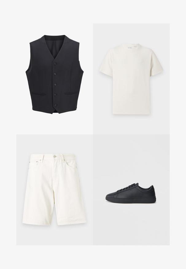 Mornarsko plava prsluk izrađen od tkanog materijala, s V-izrezom, šest prednjih dugmadi, dva uska džepa i glatkom teksturom.; Bijela kratka majica s kratkim rukavima u rebrastoj teksturi. Okrugli izrez, ležeran kroj, bez vidljivih uzoraka ili akcenta. Jednostavan i svestran dizajn.; Bijele traper kratke hlače ravnog kroja, s petljama za remen, zatvaranjem na patentni zatvarač i dva prednja džepa. Glatka tekstura i jednostavan dizajn.; Crne tenisice od glatke kože s niskim dizajnom, okruglim vrhom i ravnim gumenim đonom. Imaju vezice i suptilno brendiranje.