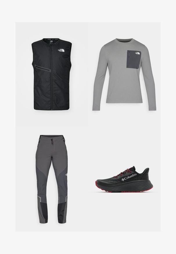 The North Face MOUNTAIN ATHLETICS HYBRID GILET - Vestă - black; Cămașă gri cu mânecă lungă, dintr-un material texturat, având un buzunar pe piept de culoare gri închis și închidere cu fermoar. Logo-ul pe buzunar este alb.; Pantaloni de drumeție gri, cu un design conic, multiple buzunare și accente contrastante în gri închis și negru. Realizați dintr-un material flexibil și durabil.; Pantofle atletice negre cu superior texturat, șireturi roșii și logo. Talpă groasă cu izolație pentru aderență. Design minimalist, vedere laterală.