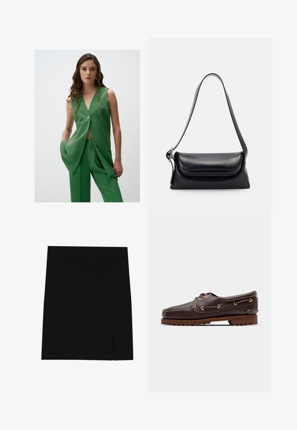 Groene mouwloze blazer met een diepe V-hals en een knoopdetail, gecombineerd met bijpassende wijde broek in een gladde, matte stof.; Witte korte mouw t-shirt van katoen met een ronde hals en een relaxte pasvorm. Gladde textuur en geen zichtbare patronen of versieringen.; Zwarte mini rok gemaakt van zachte stof met een aansluitend ontwerp, met een lichte inkeping aan de zijkant voor extra detail.; Bruine leren bootsschoen met gouden oogjes, ronde veters en een gestructureerde bruine rubberen zool. Kenmerkt zich door gestikte details en een verhoogd logo.; Zwarte leren handtas met een gestructureerde vorm, een gladde textuur en een enkele schouderband. Heeft een subtiele, afgeronde klepontwerp.