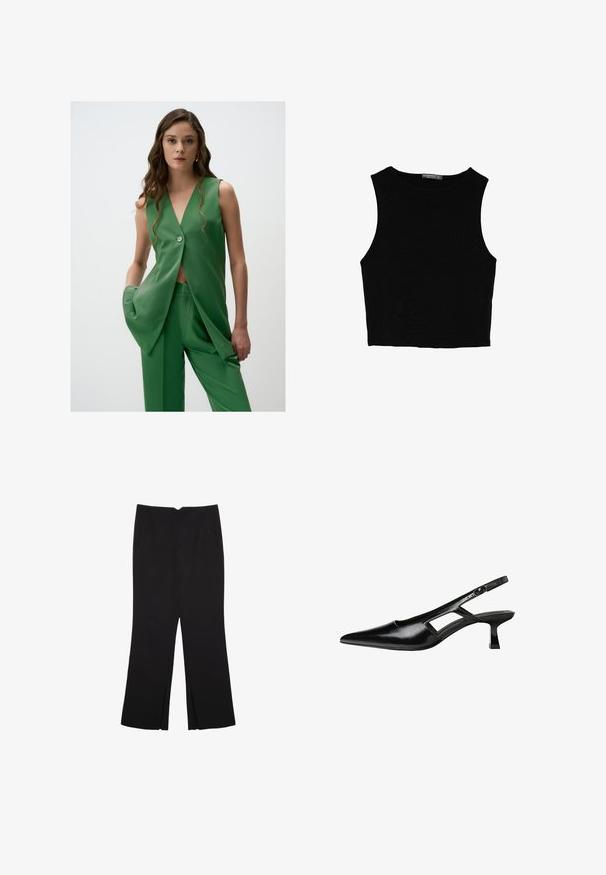 Grüne ärmellose Blazer mit einem tiefen V-Ausschnitt und einem Knopfdetail, kombiniert mit passenden weit geschnittenen Hosen aus einem glatten, matten Stoff.; Schwarzes ärmelloses Crop-Top aus glattem Stoff, mit rundem Ausschnitt und einem klaren, schlichten Design ohne Muster oder Beschläge.; Schwarze Hose mit geradem Schnitt, ausgestattet mit Fronttaschen und Seitenschlitzen am Saum. Hergestellt aus weichem, glattem Stoff. Geeignet für verschiedene Anlässe.; Schwarze Lackleder-Slingback-High Heels mit spitzer Zehenform, ausgeschnittenem Seitendesign und kleinem Blockabsatz. Glatte Textur mit minimalen Akzenten.
