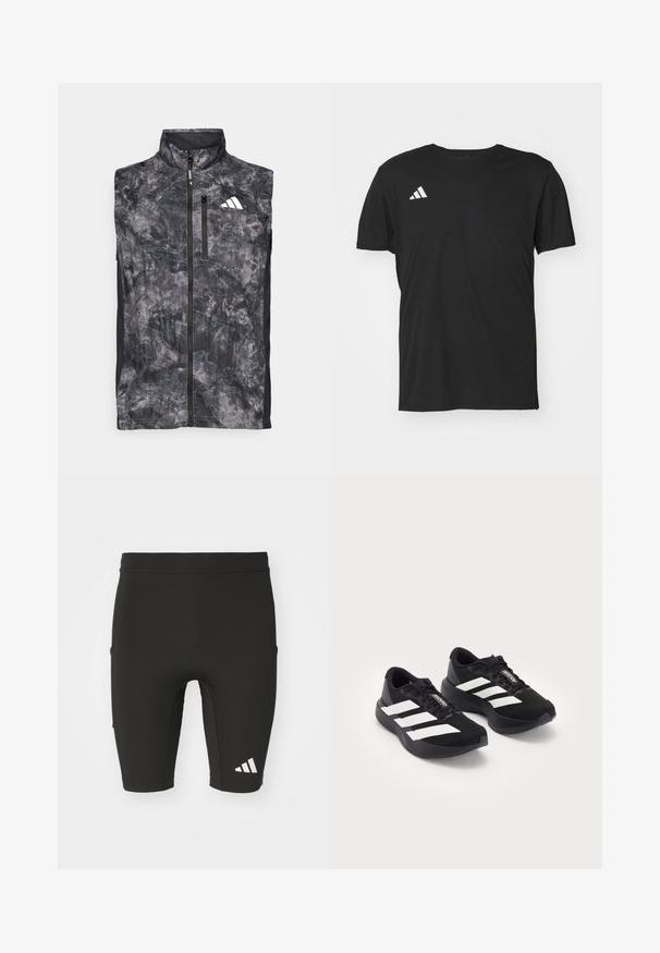 Majica bez rukava crne i sive boje s mramornim uzorkom, s prednjim patentnim zatvaračem, džepom za munje na prsima i bijelim logotipom na gornjem lijevom dijelu prsa.; Crni sportski T-shirt napravljen od lagane tkanine, s kratkim rukavima i okruglim izrezom. Bijeli Adidas logo na gornjem lijevom dijelu.; Crne atletske kratke hlače s prilagođenim dizajnom, napravljene od rastezljivog materijala. Imaju tri džepa i bijeli Adidas logo na donjem dijelu noge.; Par crnih Adidas Adizero trkačkih tenisica s bijelim prugama i vezicama na bijeloj pozadini, postavljenih jedna pored druge.